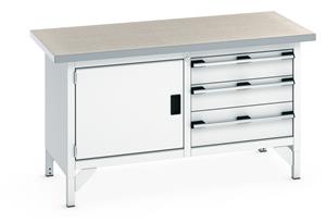 1500mm Wide Engineers Storage Benches with Cupboards & Drawers Bott Bench1500Wx750Dx840mmH - 1 Cupboard, 3 Drwrs & Lino Top